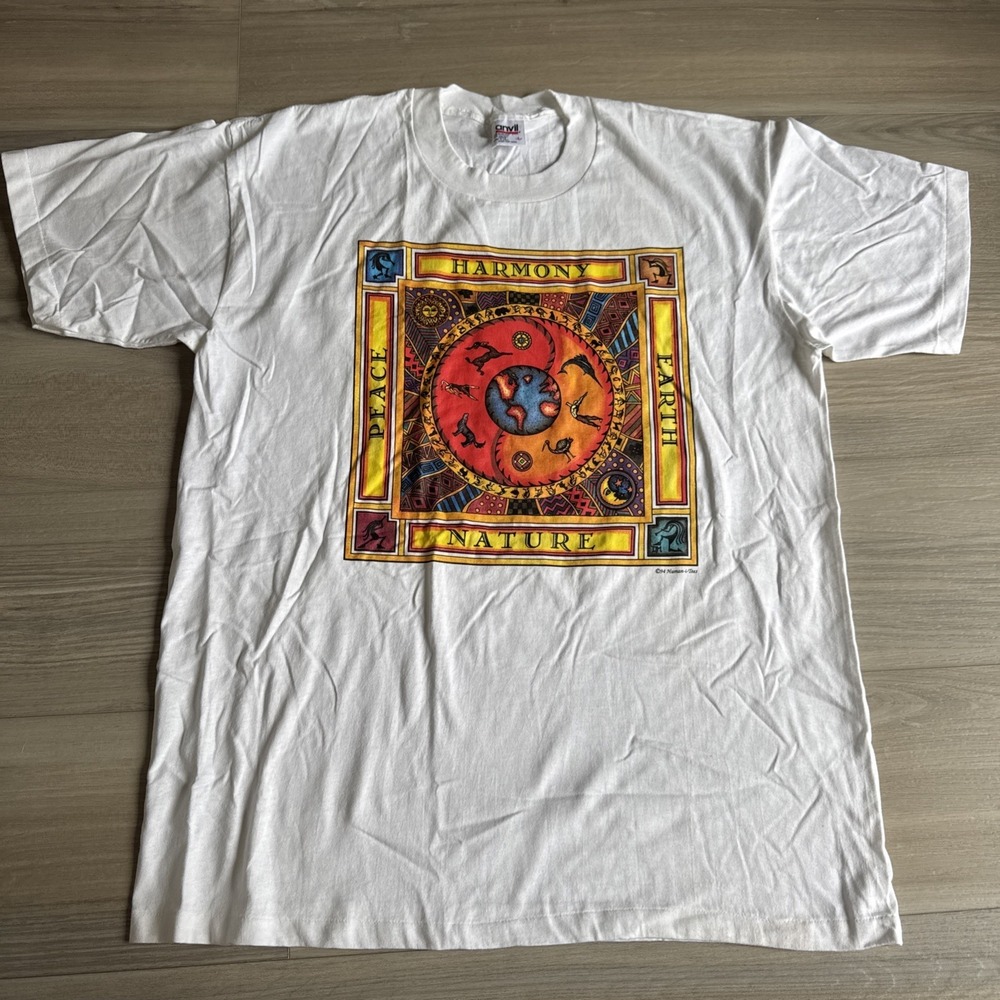 Vintage 1994 Anvil Human-i-Tees Peace Harmony Nature Earth Shirt Sz L Made USA